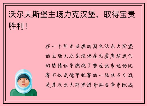 沃尔夫斯堡主场力克汉堡，取得宝贵胜利！